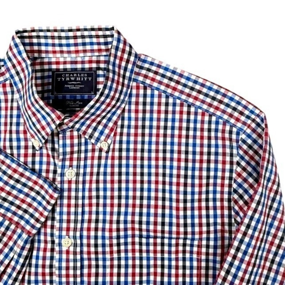 Charles Tyrwhitt Mens Slim Fit Non Iron Gingham Button Down Shirt Large Red Blue